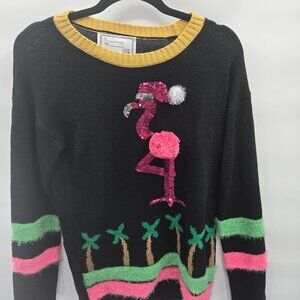 Derek Heart Black Sweater with Pink Flamingo and Green Palms